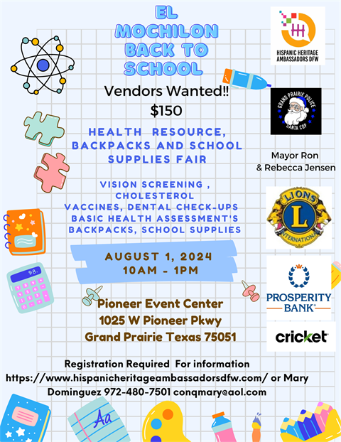Back to School event flyer; event will be on August 08, from 10 a.m. to 1 p.m. at the Pioneer Event Center, 1025 W Pioneer Pkwy, Grand Prairie, TX 75052